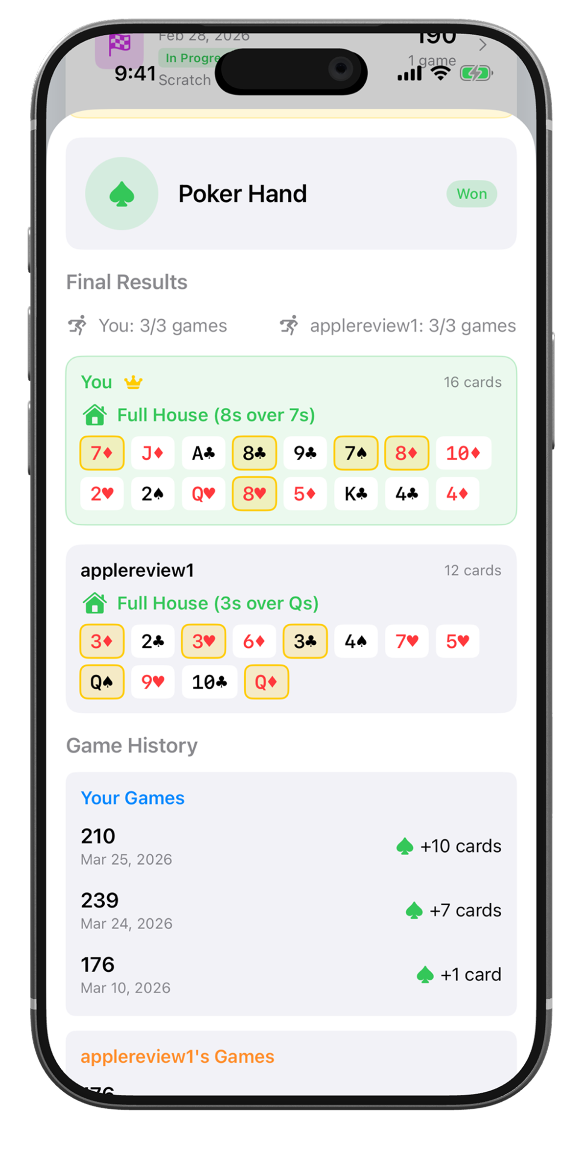 Bowling XP Poker Hand challenge showing earned cards and final results between two players